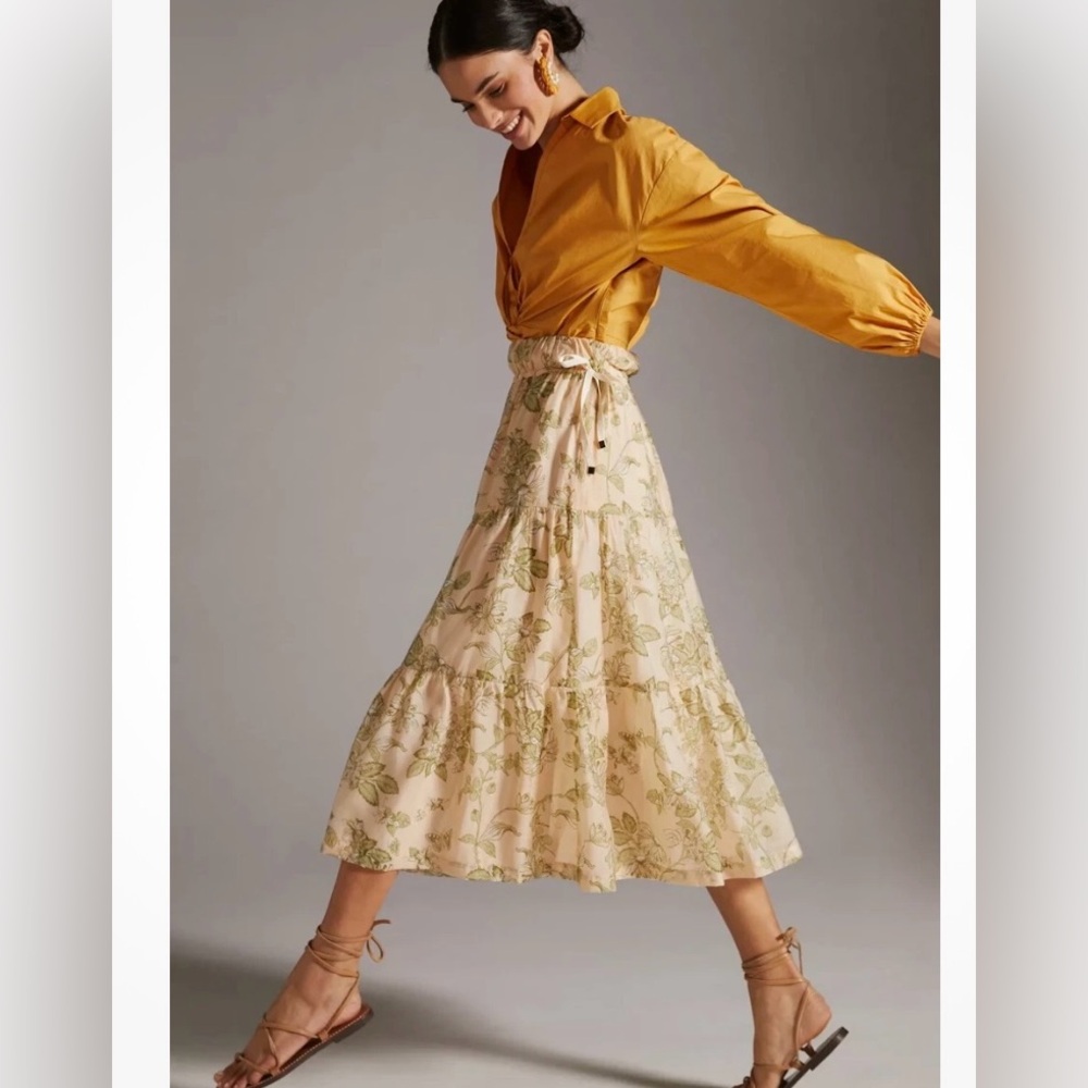 Anthropologie Mon Renn Floral A-Line Midi Skirt - Cream and Green size XL